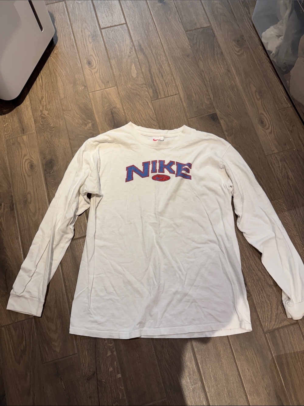 Vintage Nike White Long Sleeve Shirt with Blue and Red Logo